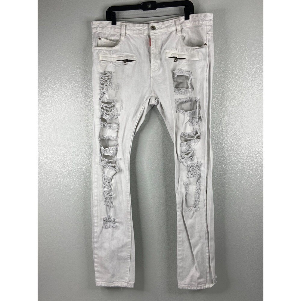 Square Zero Men 38/32 White Jeans Distressed Zipper Urban Wear